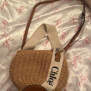 Chloe Tan and Cream Woven Bucket Crossbody Bag